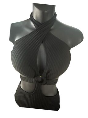 Black Ribbed Halter Cutout Crop Top